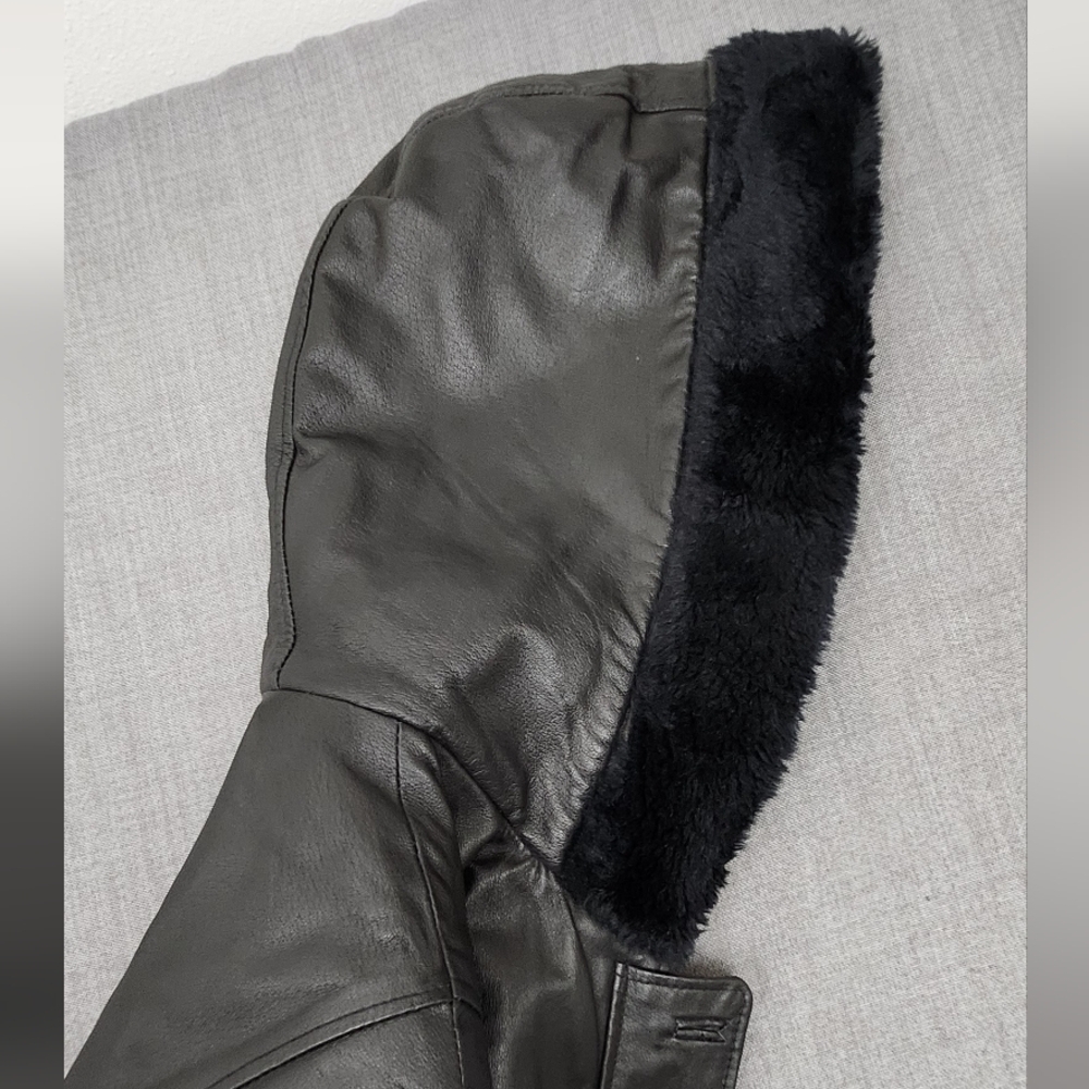 Liz Baker Essentials Mid-Length Black Leather Coat With Hood.  XL - Picture 6 of 9